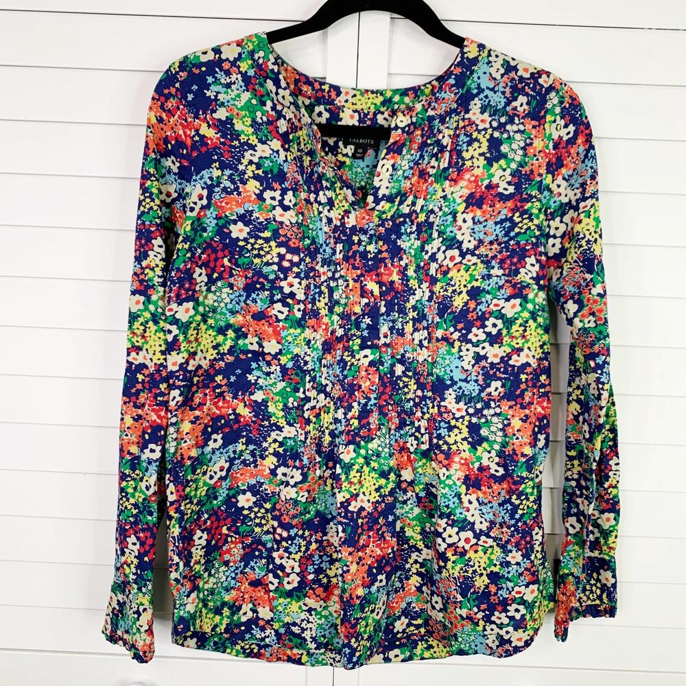 Talbots Blouse Size XS Floral Blue Green Red 100% Cotton Long Sleeve Pintuck